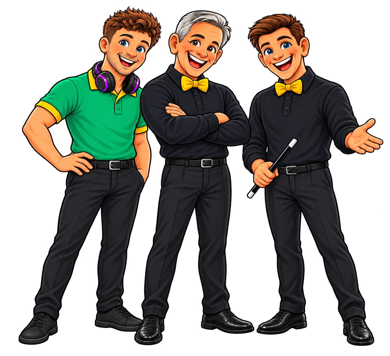 Aaron, Robert and Ben together, illustrated full-length